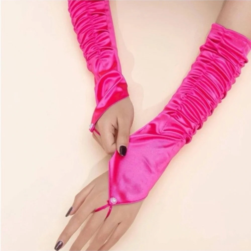 Pink Satin Ruched Gloves